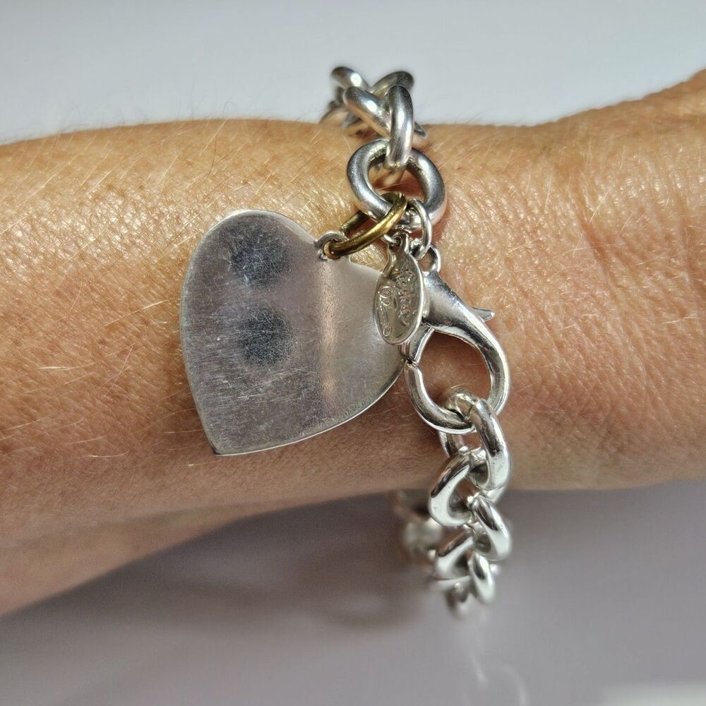 Cookie Lee Big Link Dangle Heart Charm Starter Bracelet 6.5" Silver Plate